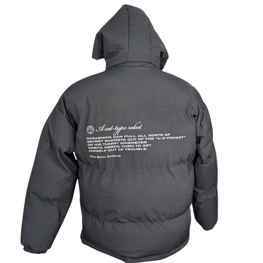 Doraemon A Cat-type Robot, black, hooded, quilted puffer jacket. Medium